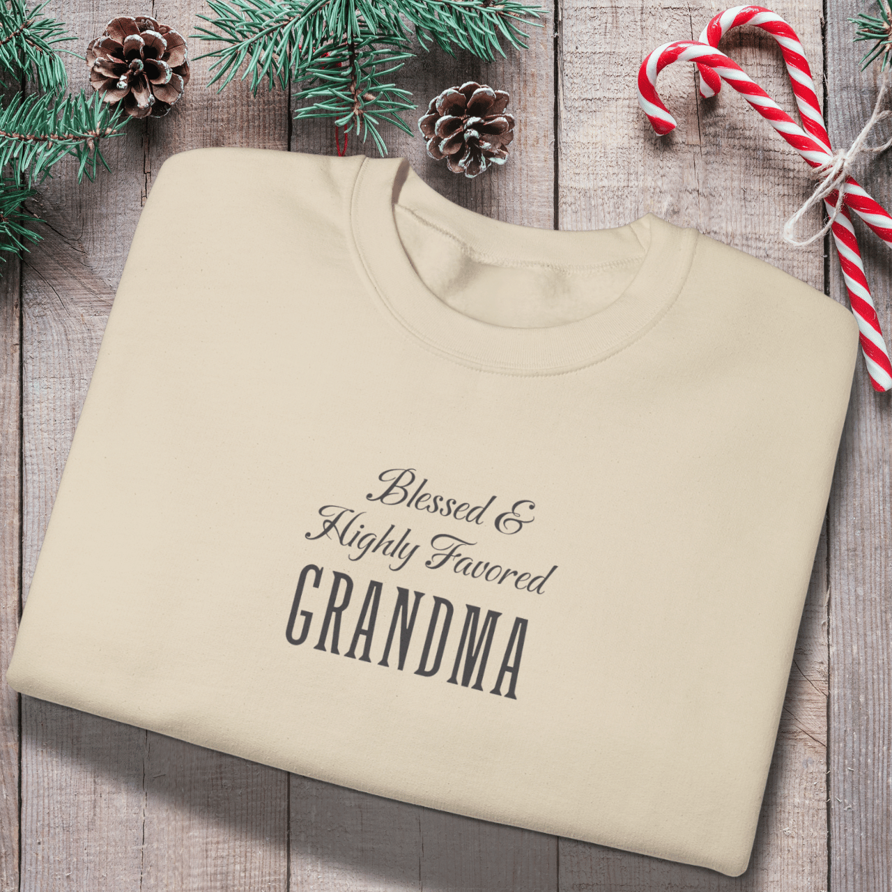 Blessed & Highly Favored Grandma Sweatshirt | Christian Grandma Gift | Gildan 18000 Cozy Faith Crewneck | Nana & Grandma Scripture-Inspired Apparel