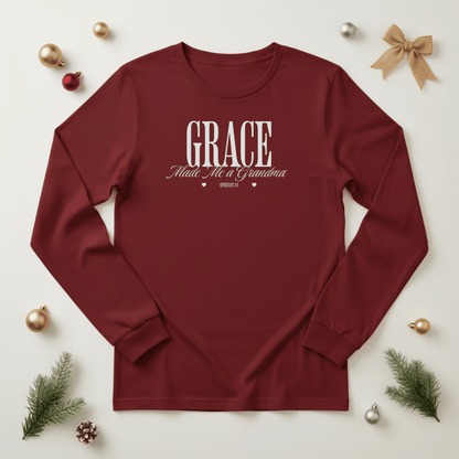 Grace Made Me a Grandma Long Sleeve Shirt | Ephesians 2:8 Christian Grandma Tee | Bella Canvas 3501 | Faith Family Gift