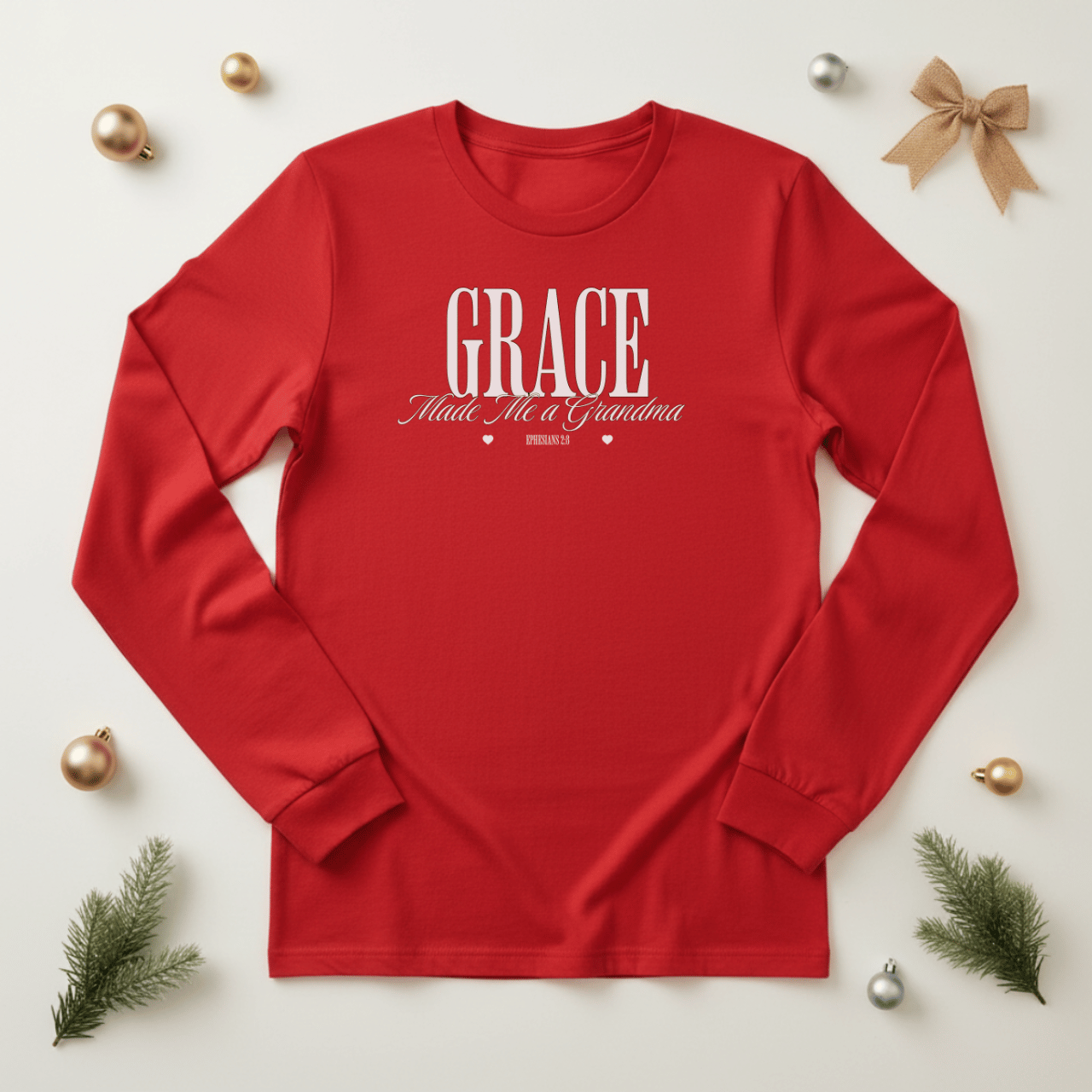 Grace Made Me a Grandma Long Sleeve Shirt | Ephesians 2:8 Christian Grandma Tee | Bella Canvas 3501 | Faith Family Gift