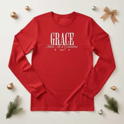 Grace Made Me a Grandma Long Sleeve Shirt | Ephesians 2:8 Christian Grandma Tee | Bella Canvas 3501 | Faith Family Gift