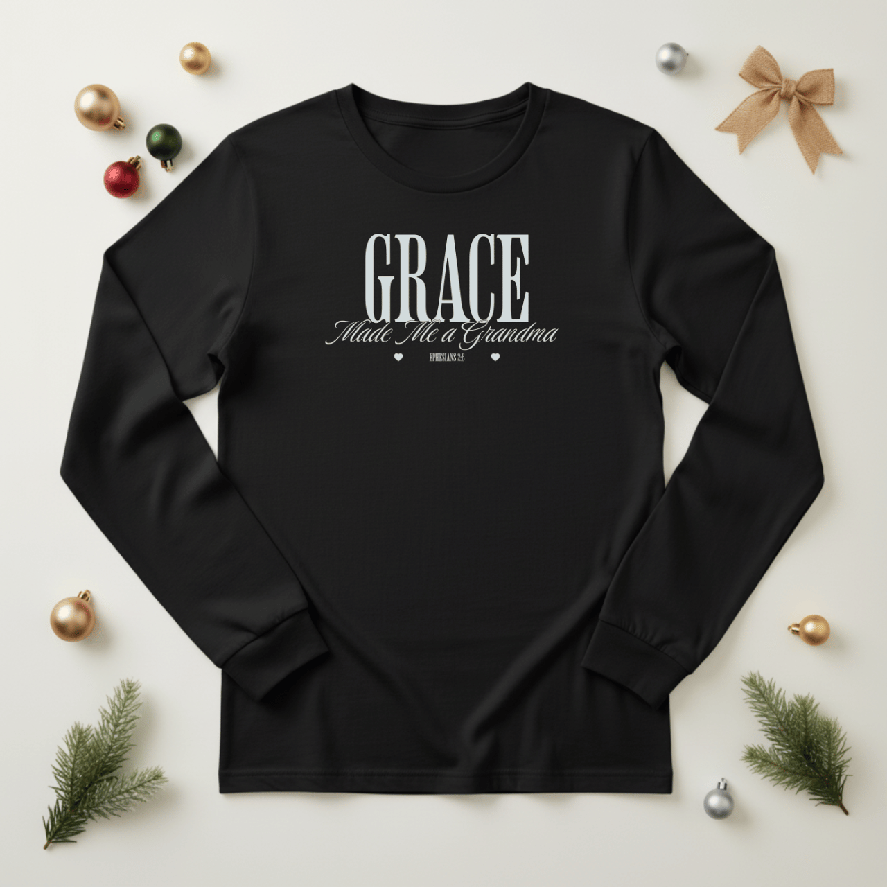 Grace Made Me a Grandma Long Sleeve Shirt | Ephesians 2:8 Christian Grandma Tee | Bella Canvas 3501 | Faith Family Gift