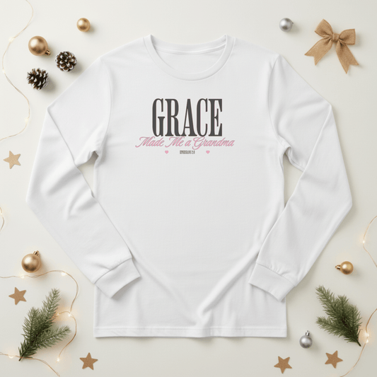 Grace Made Me a Grandma Long Sleeve Shirt | Ephesians 2:8 Christian Grandma Tee | Bella Canvas 3501 | Faith Family Gift