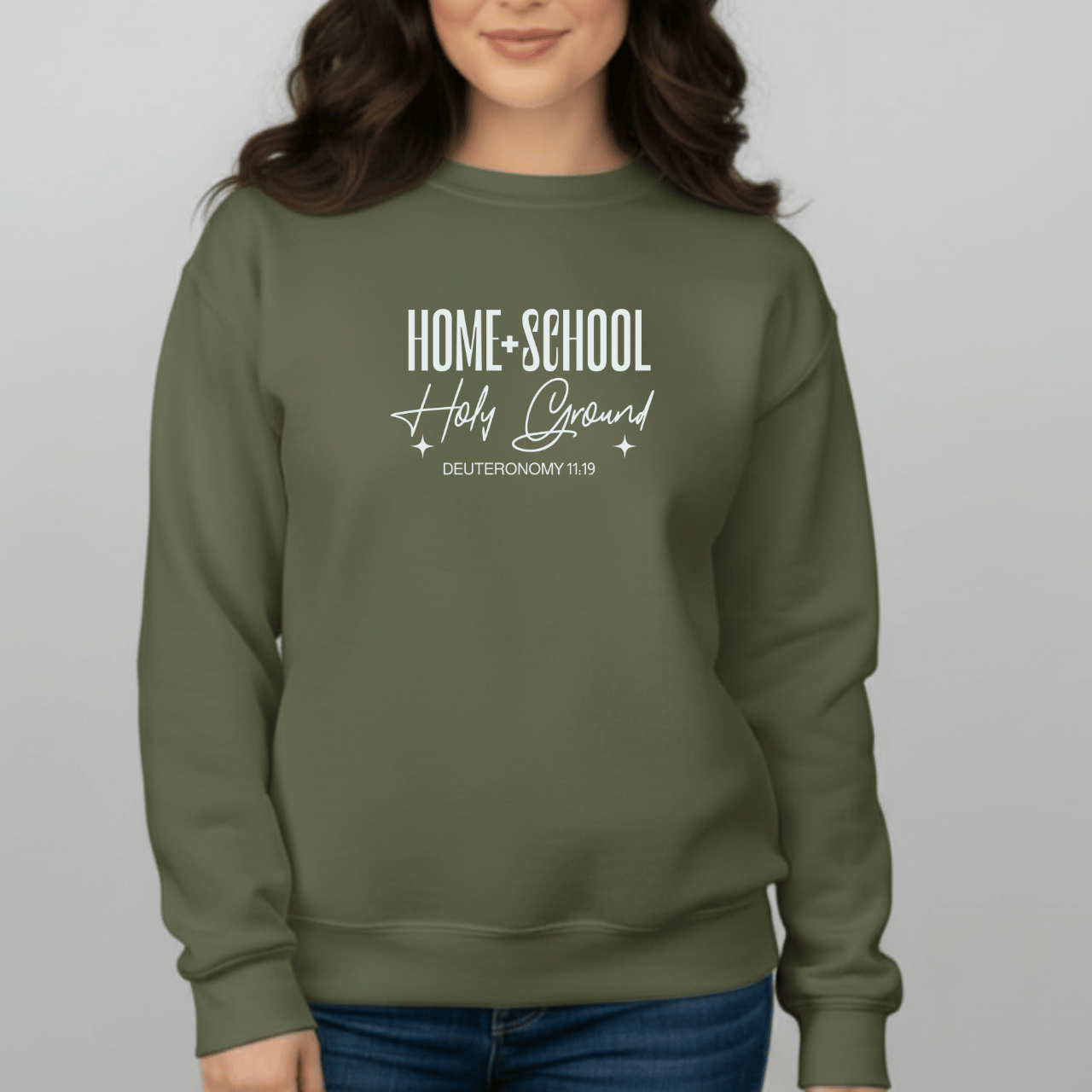 Home + School Holy Ground Sweatshirt | Gildan 18000 Christian Student Crewneck | Deuteronomy 11:19 Faith Study Sweater
