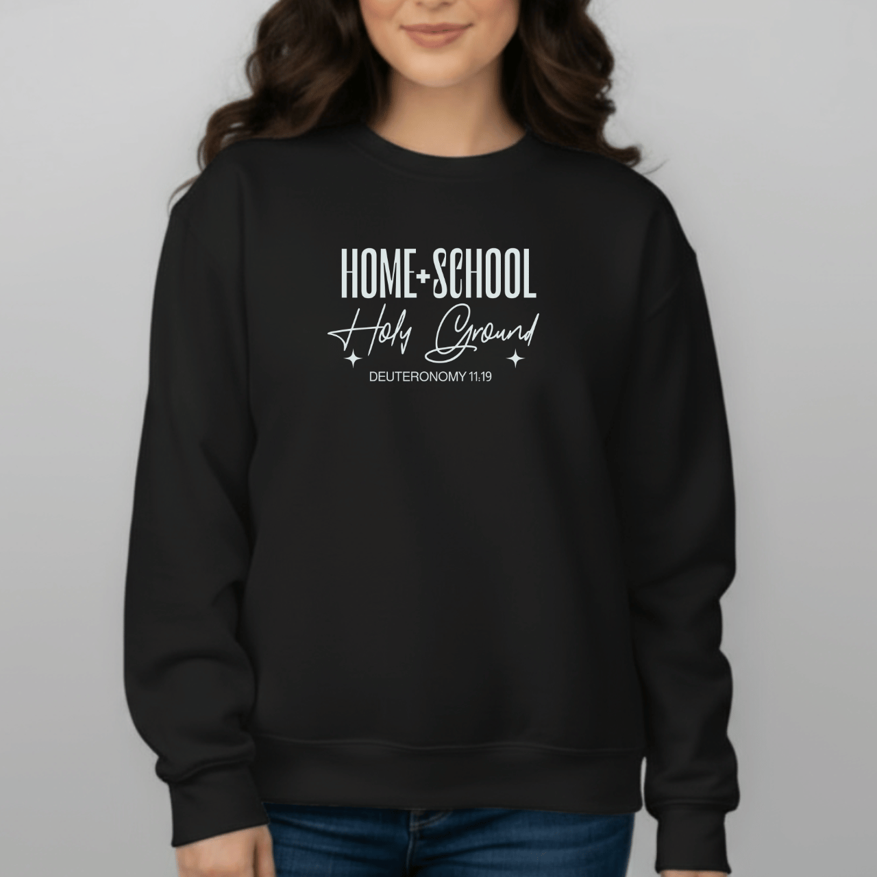 Home + School Holy Ground Sweatshirt | Gildan 18000 Christian Student Crewneck | Deuteronomy 11:19 Faith Study Sweater