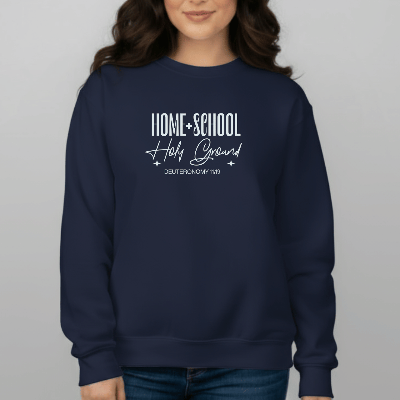 Home + School Holy Ground Sweatshirt | Gildan 18000 Christian Student Crewneck | Deuteronomy 11:19 Faith Study Sweater