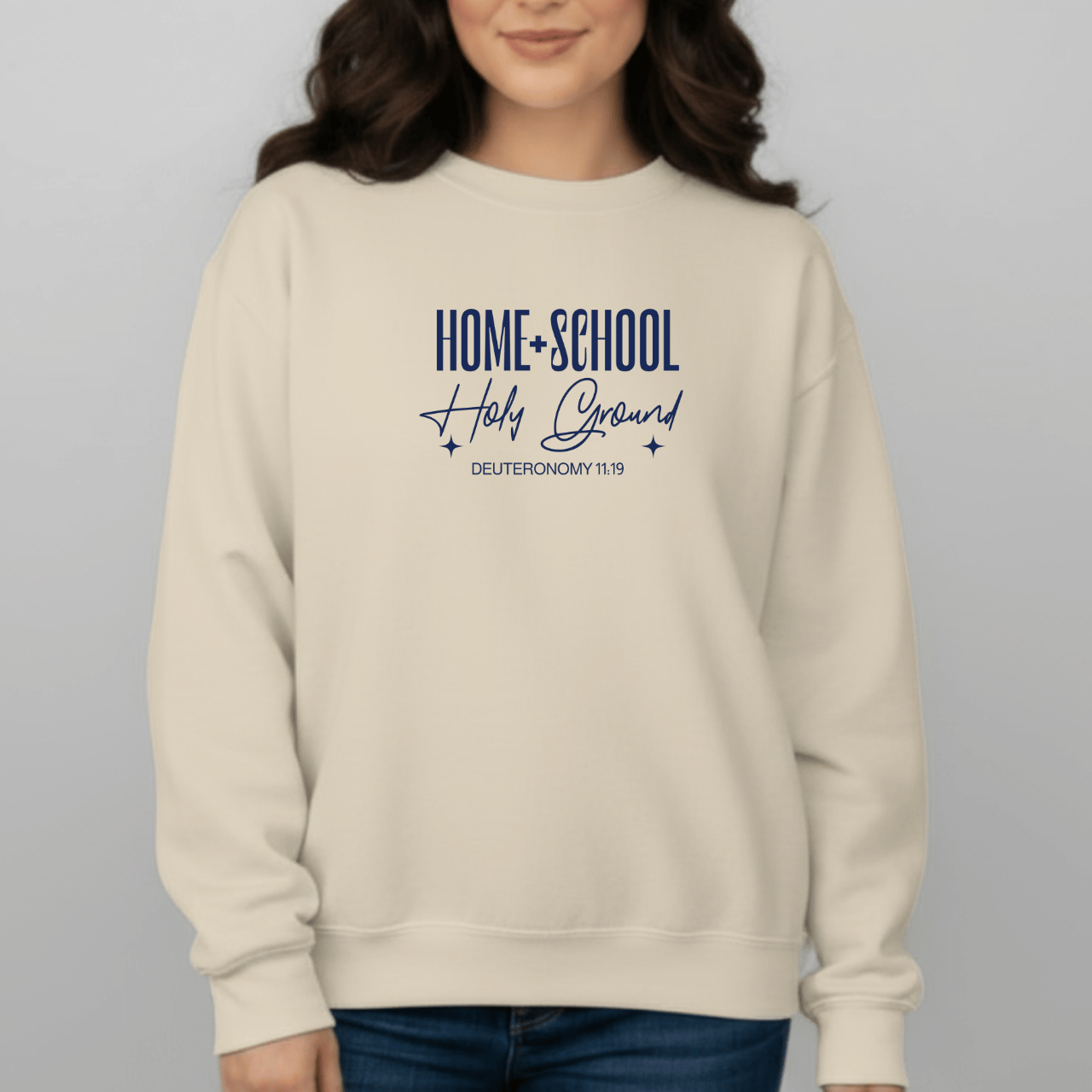 Home + School Holy Ground Sweatshirt | Gildan 18000 Christian Student Crewneck | Deuteronomy 11:19 Faith Study Sweater