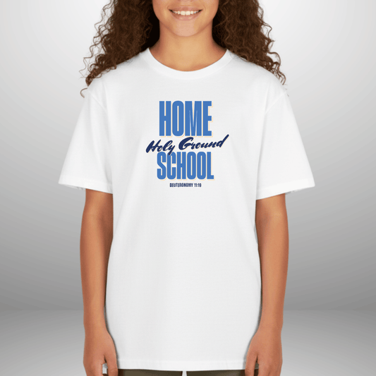 Home Holy Ground School Youth Shirt | Christian Homeschool Tee | Deuteronomy 11:19 Kids Bible Verse Shirt | Faith-Based Youth T-Shirt