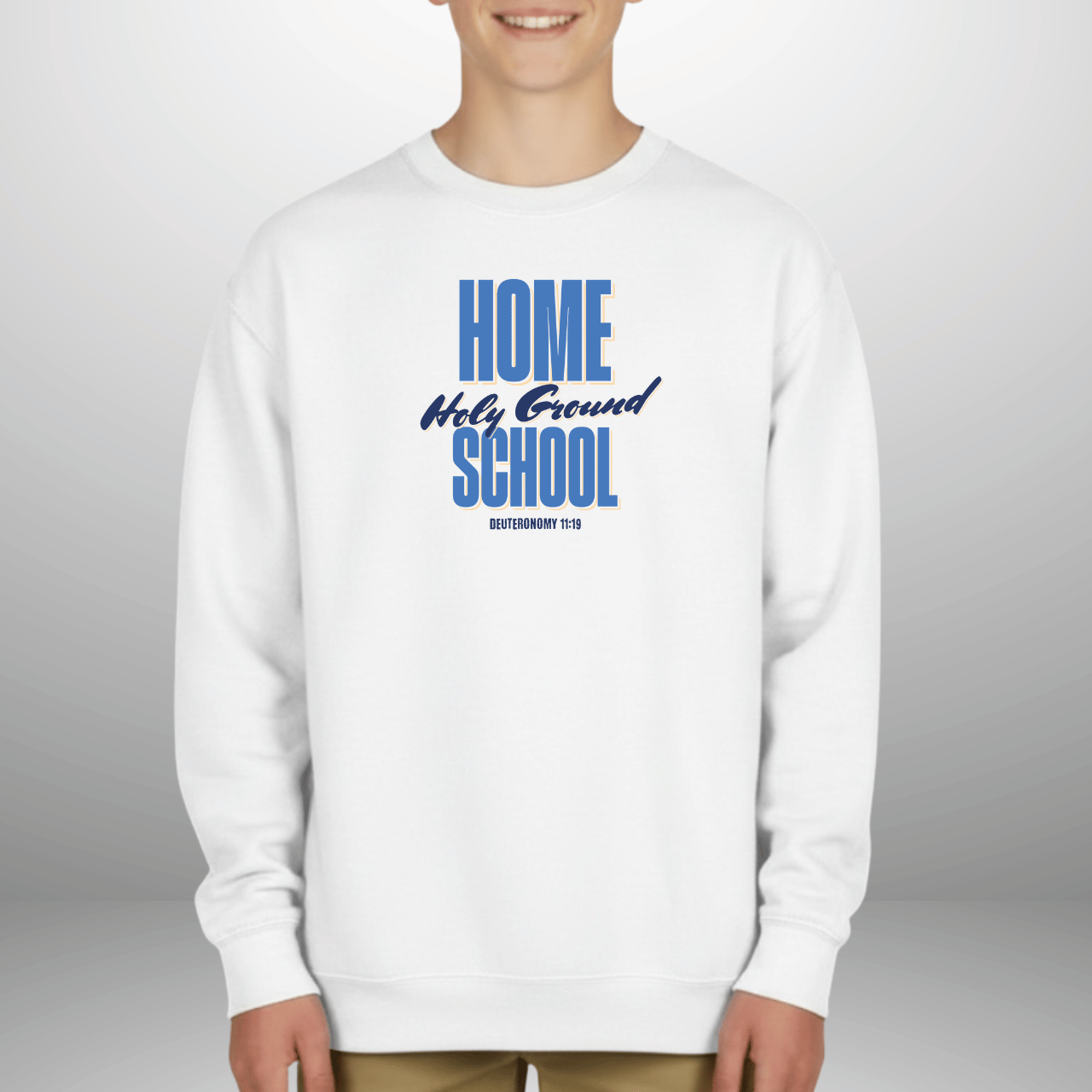 Home School Holy Ground Youth Sweatshirt | Christian Homeschool Crewneck | Gildan 18000B | Deuteronomy 11:19 Scripture Kids Sweater