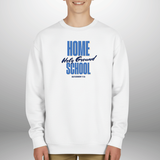 Home School Holy Ground Youth Sweatshirt | Christian Homeschool Crewneck | Gildan 18000B | Deuteronomy 11:19 Scripture Kids Sweater