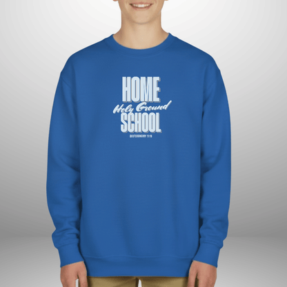 Home School Holy Ground Youth Sweatshirt | Christian Homeschool Crewneck | Gildan 18000B | Deuteronomy 11:19 Scripture Kids Sweater