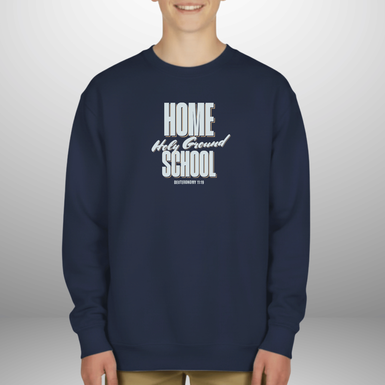 Home School Holy Ground Youth Sweatshirt | Christian Homeschool Crewneck | Gildan 18000B | Deuteronomy 11:19 Scripture Kids Sweater