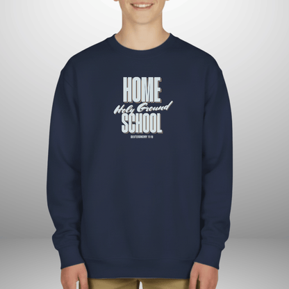 Home School Holy Ground Youth Sweatshirt | Christian Homeschool Crewneck | Gildan 18000B | Deuteronomy 11:19 Scripture Kids Sweater
