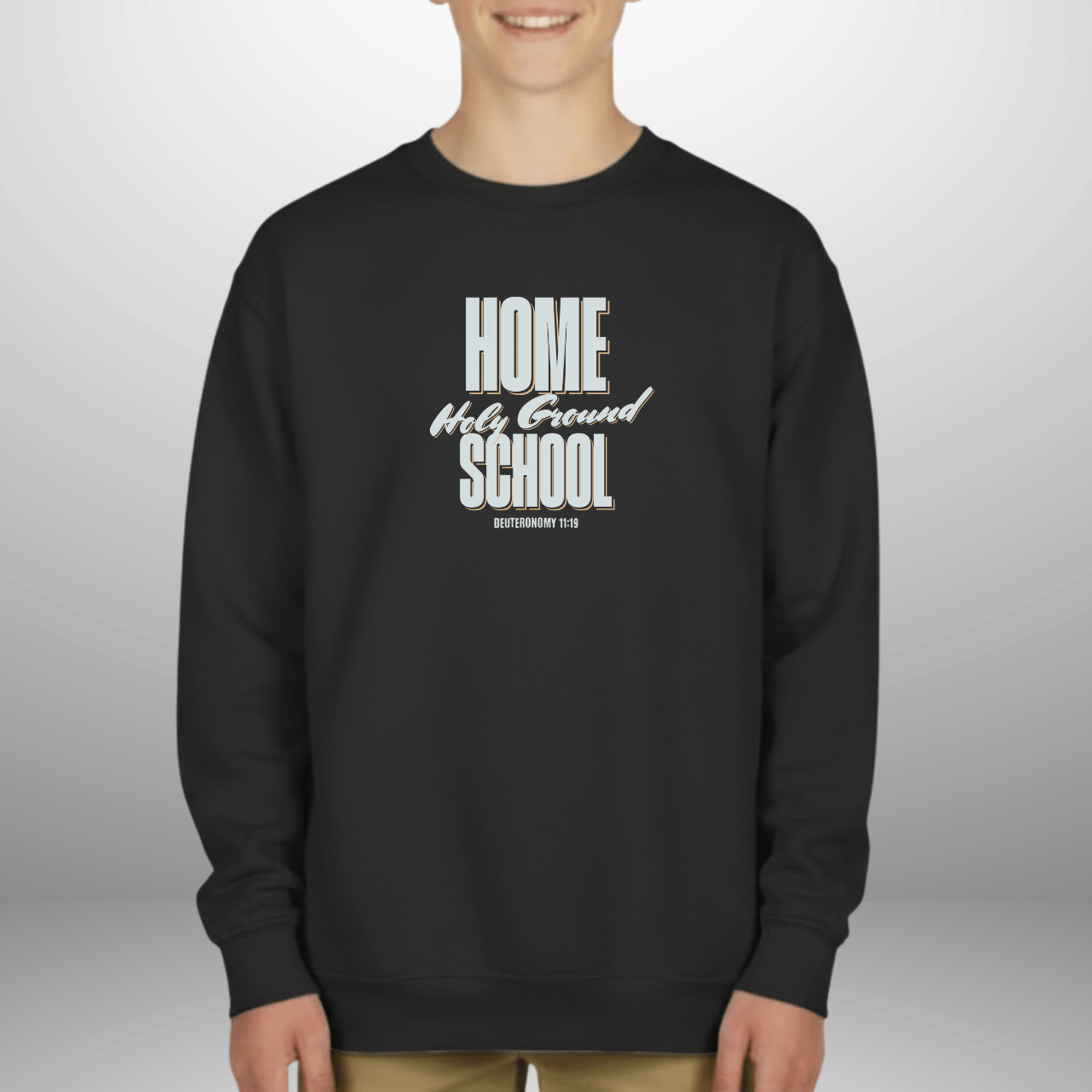 Home School Holy Ground Youth Sweatshirt | Christian Homeschool Crewneck | Gildan 18000B | Deuteronomy 11:19 Scripture Kids Sweater