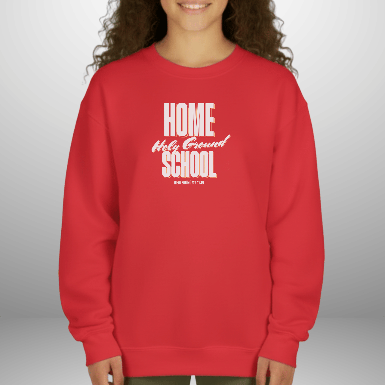 Home School Holy Ground Youth Sweatshirt | Christian Homeschool Crewneck | Gildan 18000B | Deuteronomy 11:19 Scripture Kids Sweater