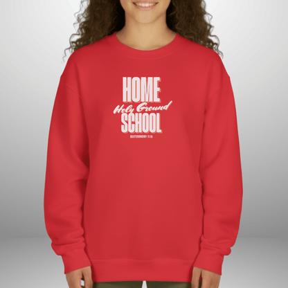 Home School Holy Ground Youth Sweatshirt | Christian Homeschool Crewneck | Gildan 18000B | Deuteronomy 11:19 Scripture Kids Sweater