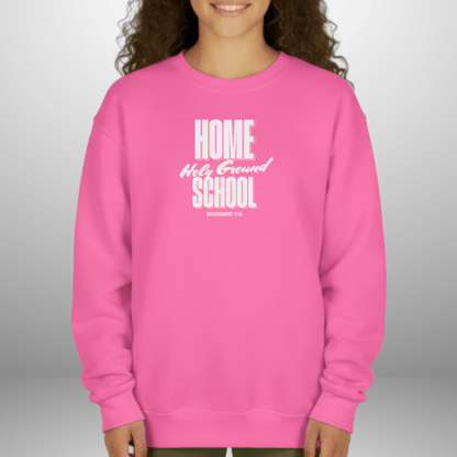 Home School Holy Ground Youth Sweatshirt | Christian Homeschool Crewneck | Gildan 18000B | Deuteronomy 11:19 Scripture Kids Sweater