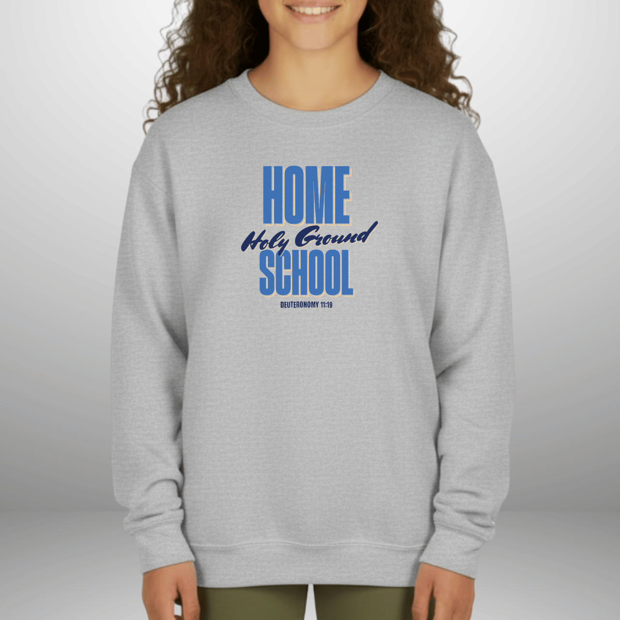Home School Holy Ground Youth Sweatshirt | Christian Homeschool Crewneck | Gildan 18000B | Deuteronomy 11:19 Scripture Kids Sweater