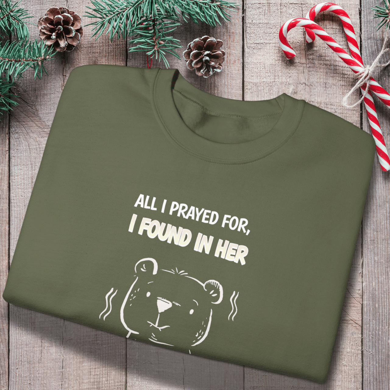 All I Prayed For I Found in Her Sweatshirt | Christian Couples Gift | Faith Love Crewneck | Cute Bear Graphic | Gildan 18000 Unisex