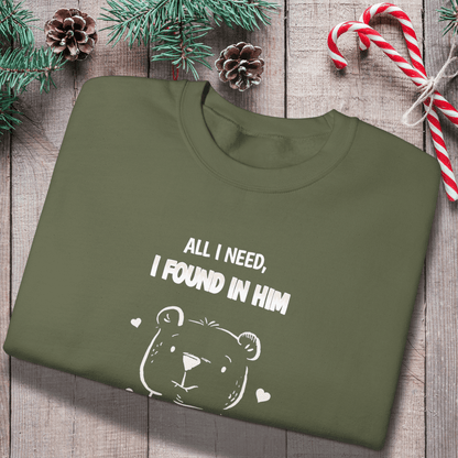 All I Need I Found in Him Sweatshirt | Christian Women’s Gift | Faith Love Crewneck | Cute Bear Graphic | Gildan 18000 Unisex