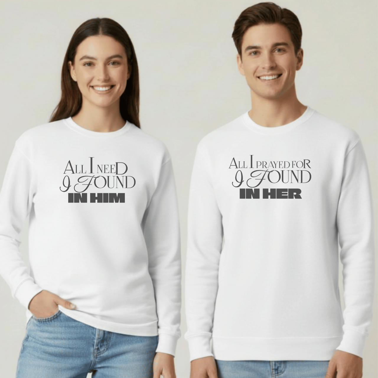 All I Prayed For I Found in Her Sweatshirt | Christian Couples Sweater for Him | Gildan 18000 | Faith-Based Matching His & Hers Gift