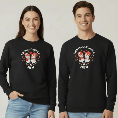 Lights Laughter & Her Sweatshirt | Matching Couples Christmas Sweaters | Gildan 18000 | Holiday Christian Gift for Him | Winter Couples Outfit