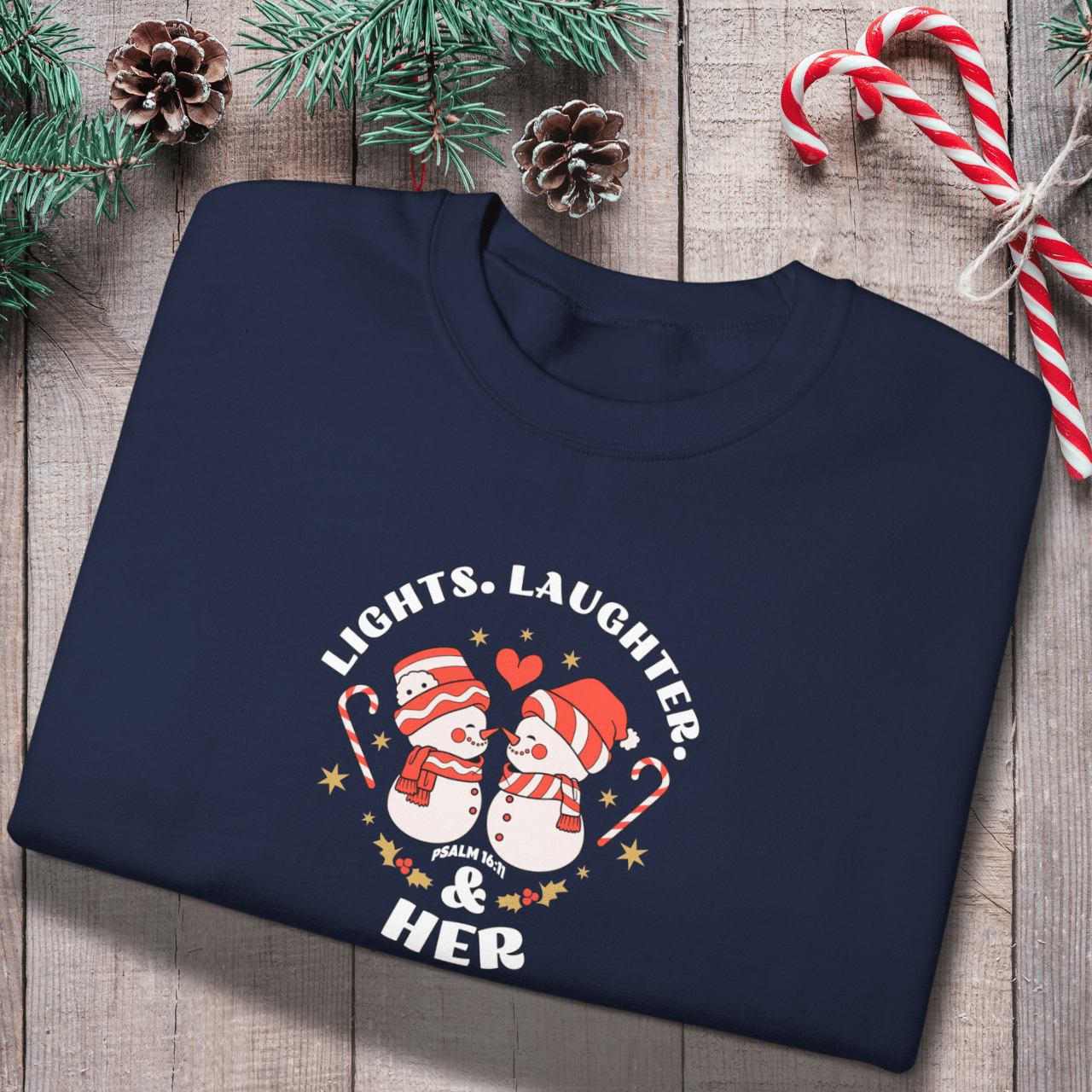 Lights Laughter & Her Sweatshirt | Matching Couples Christmas Sweaters | Gildan 18000 | Holiday Christian Gift for Him | Winter Couples Outfit
