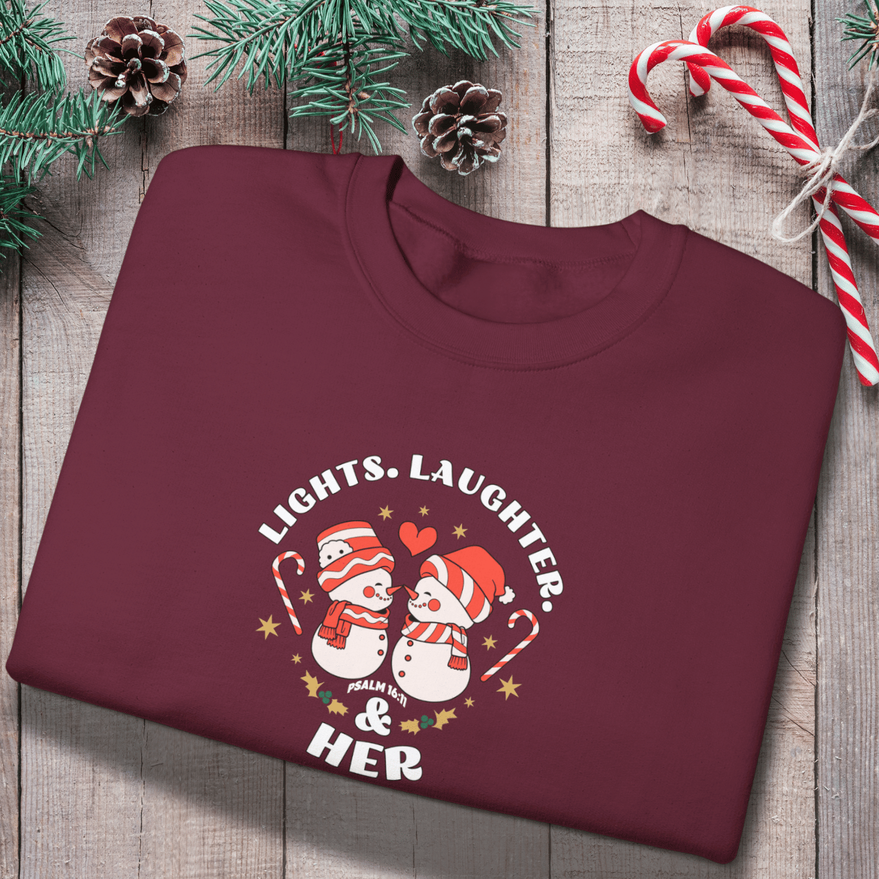 Lights Laughter & Her Sweatshirt | Matching Couples Christmas Sweaters | Gildan 18000 | Holiday Christian Gift for Him | Winter Couples Outfit