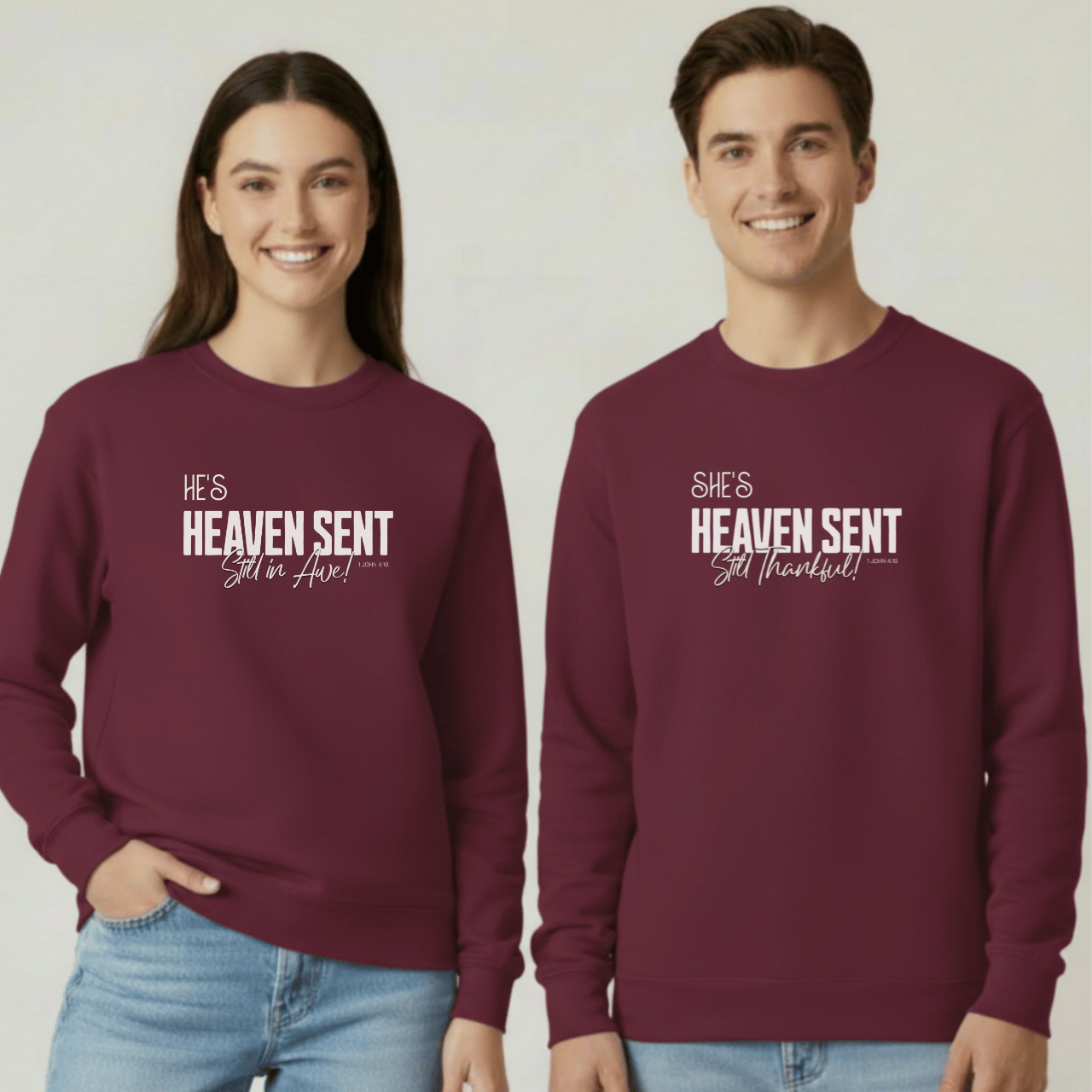 He’s Heaven Sent Still in Awe Sweatshirt | Christian Couples Matching Sweatshirts | Gildan 18000 Crewneck | 1 John 4:19 Faith Gift for Her