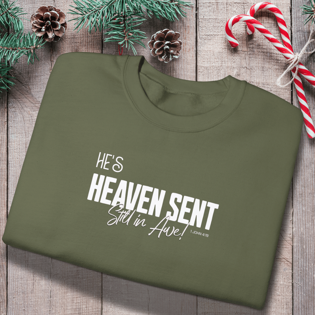 He’s Heaven Sent Still in Awe Sweatshirt | Christian Couples Matching Sweatshirts | Gildan 18000 Crewneck | 1 John 4:19 Faith Gift for Her