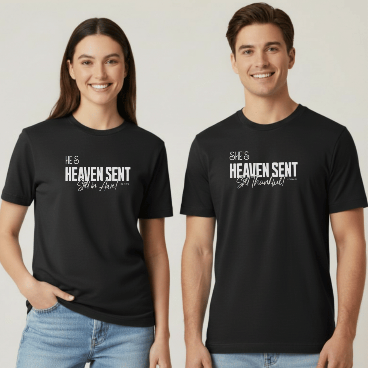He’s Heaven Sent Still in Awe Shirt | Comfort Colors 1717 Women’s Christian Tee | 1 John 4:19 Couples Matching Shirts | Faith-Based Gift for Her