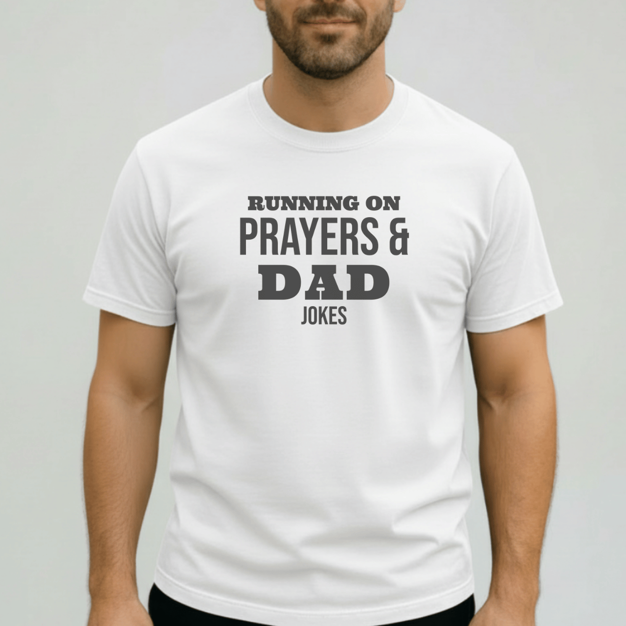 Running on Prayers and Dad Jokes Shirt | Comfort Colors 1717 Christian Dad Tee | Funny Fatherhood T-Shirt | Faith Dad Gift for Him
