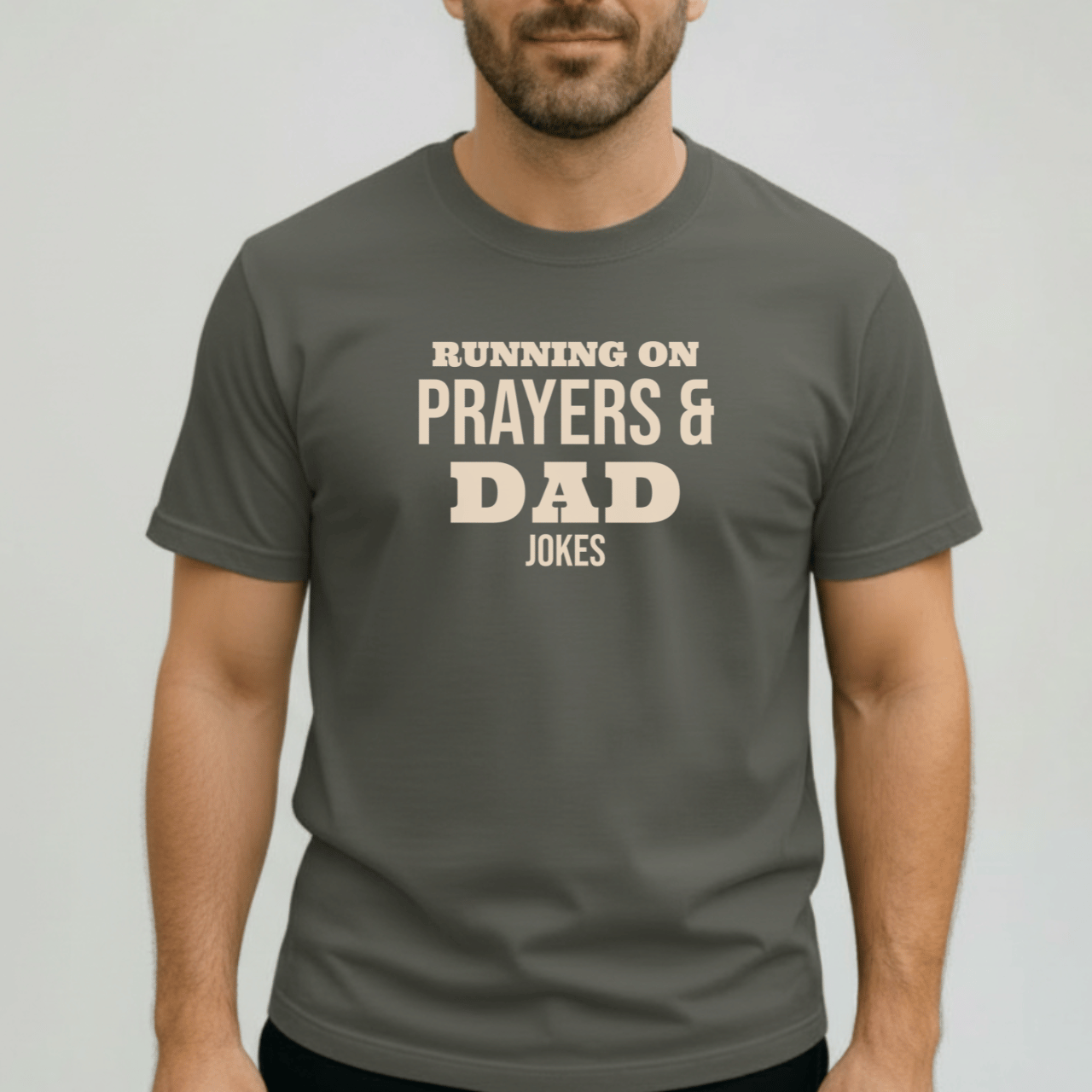 Running on Prayers and Dad Jokes Shirt | Comfort Colors 1717 Christian Dad Tee | Funny Fatherhood T-Shirt | Faith Dad Gift for Him