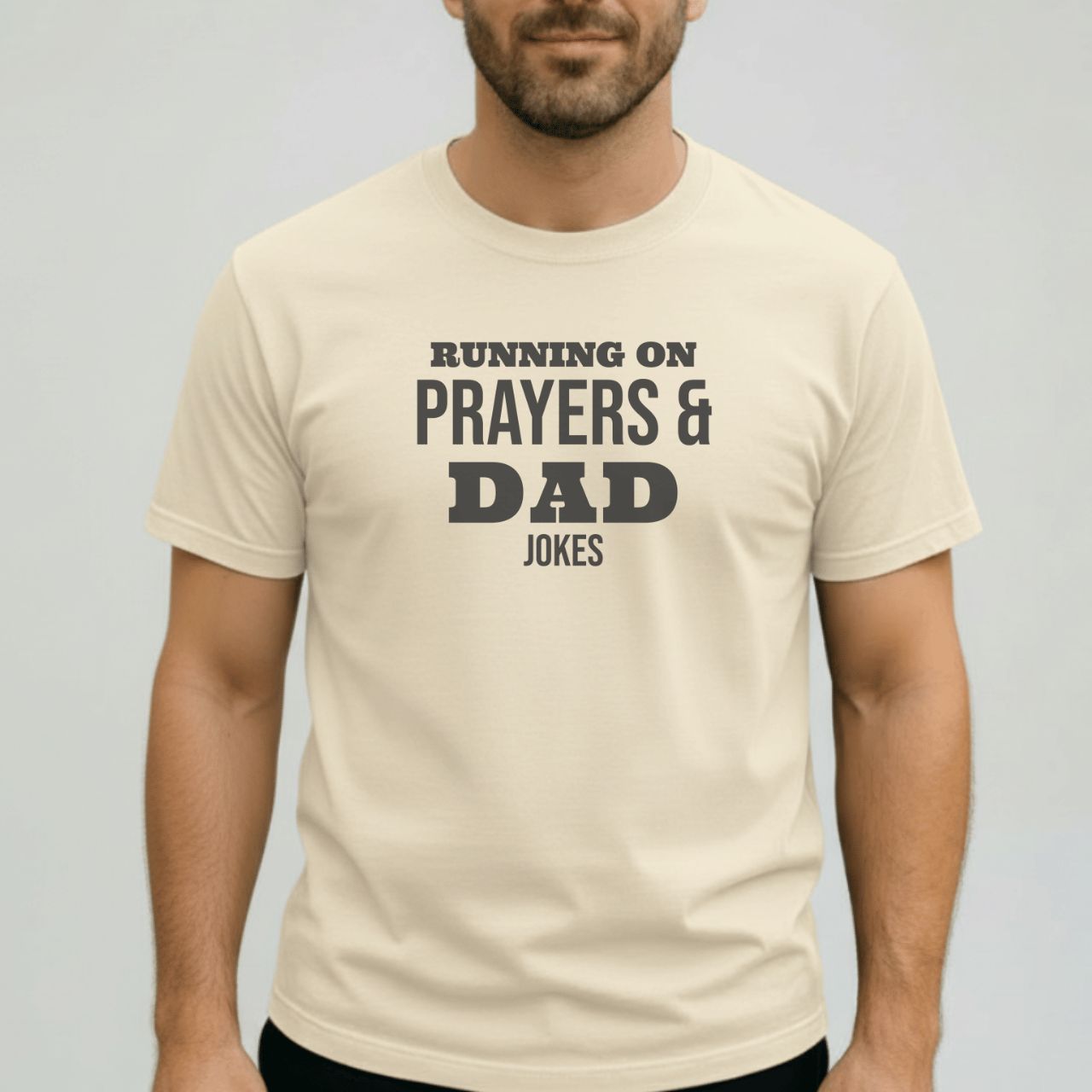 Running on Prayers and Dad Jokes Shirt | Comfort Colors 1717 Christian Dad Tee | Funny Fatherhood T-Shirt | Faith Dad Gift for Him