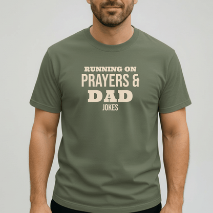 Running on Prayers and Dad Jokes Shirt | Comfort Colors 1717 Christian Dad Tee | Funny Fatherhood T-Shirt | Faith Dad Gift for Him