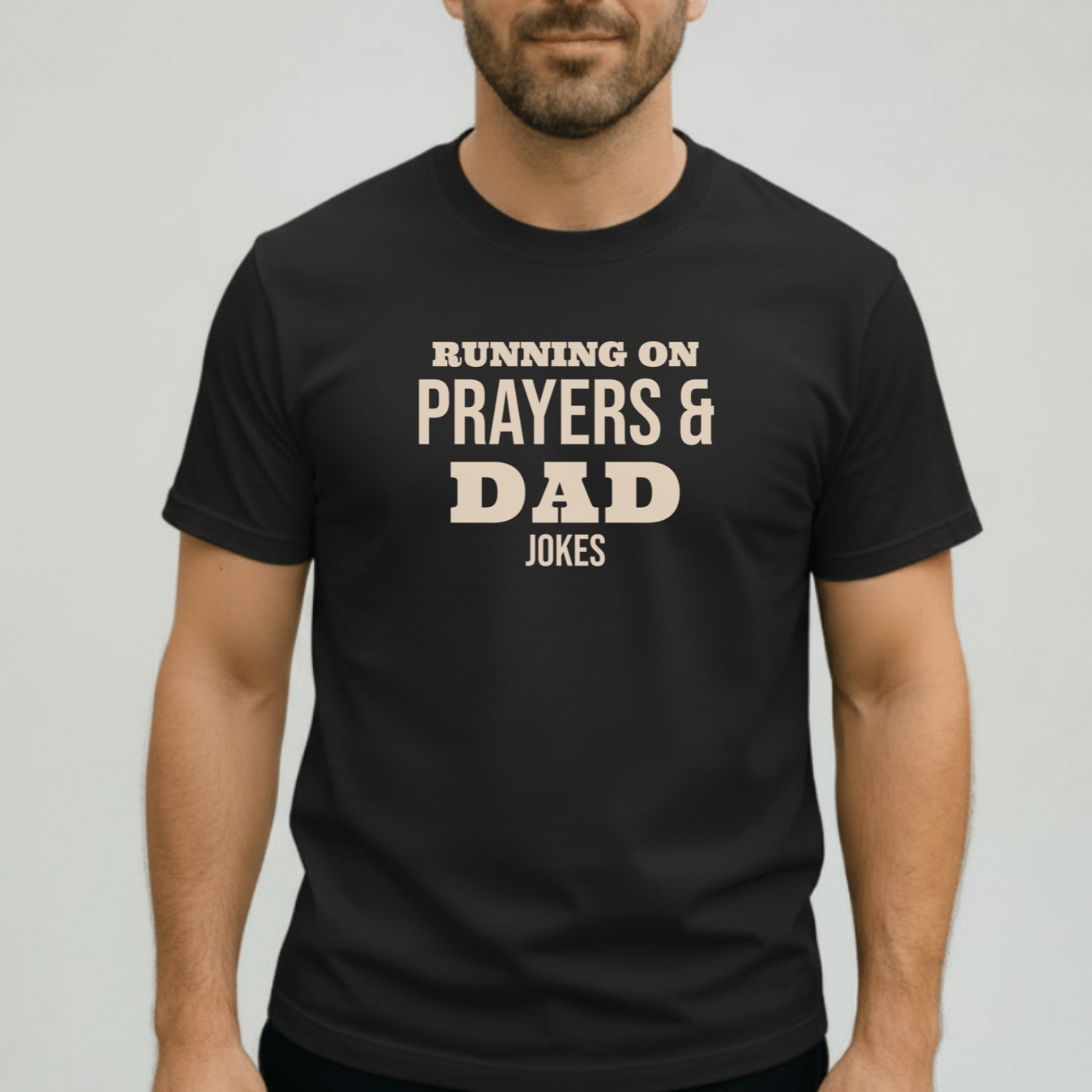 Running on Prayers and Dad Jokes Shirt | Comfort Colors 1717 Christian Dad Tee | Funny Fatherhood T-Shirt | Faith Dad Gift for Him