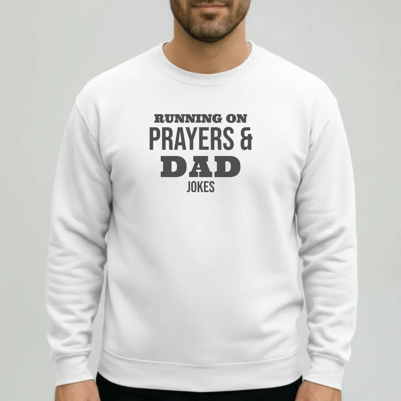 Running on Prayers and Dad Jokes Sweatshirt | Gildan 18000 Crewneck | Funny Father Sweater Goshen & Selah Co