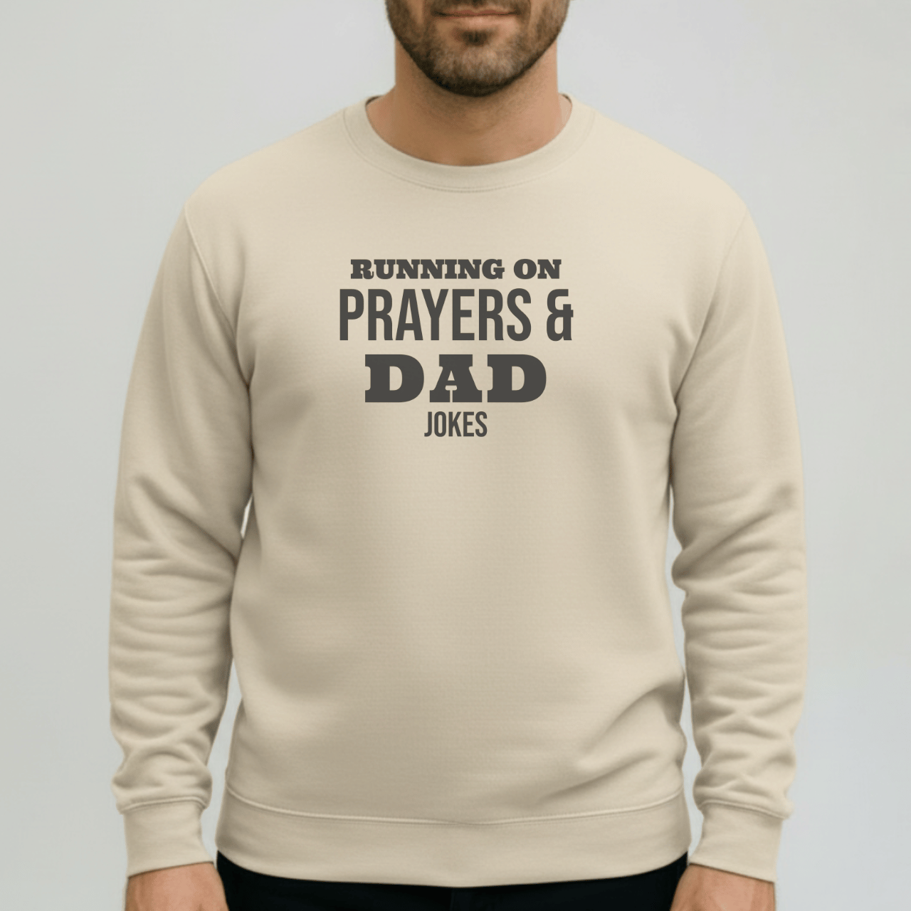 Running on Prayers and Dad Jokes Sweatshirt | Gildan 18000 Christian Dad Crewneck | Funny Fatherhood Sweater | Faith Dad Gift for Him