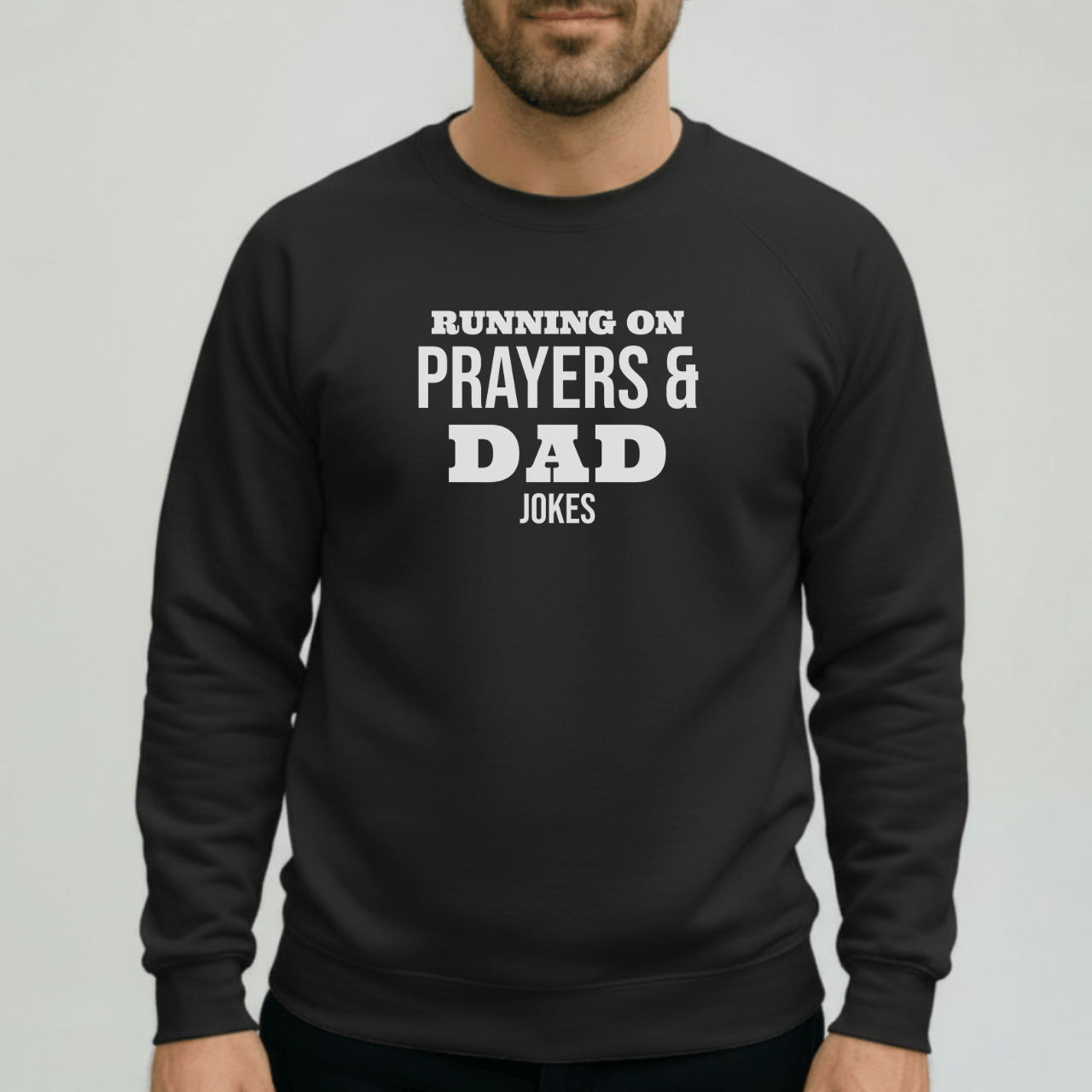 Running on Prayers and Dad Jokes Sweatshirt | Gildan 18000 Christian Dad Crewneck | Funny Fatherhood Sweater | Faith Dad Gift for Him
