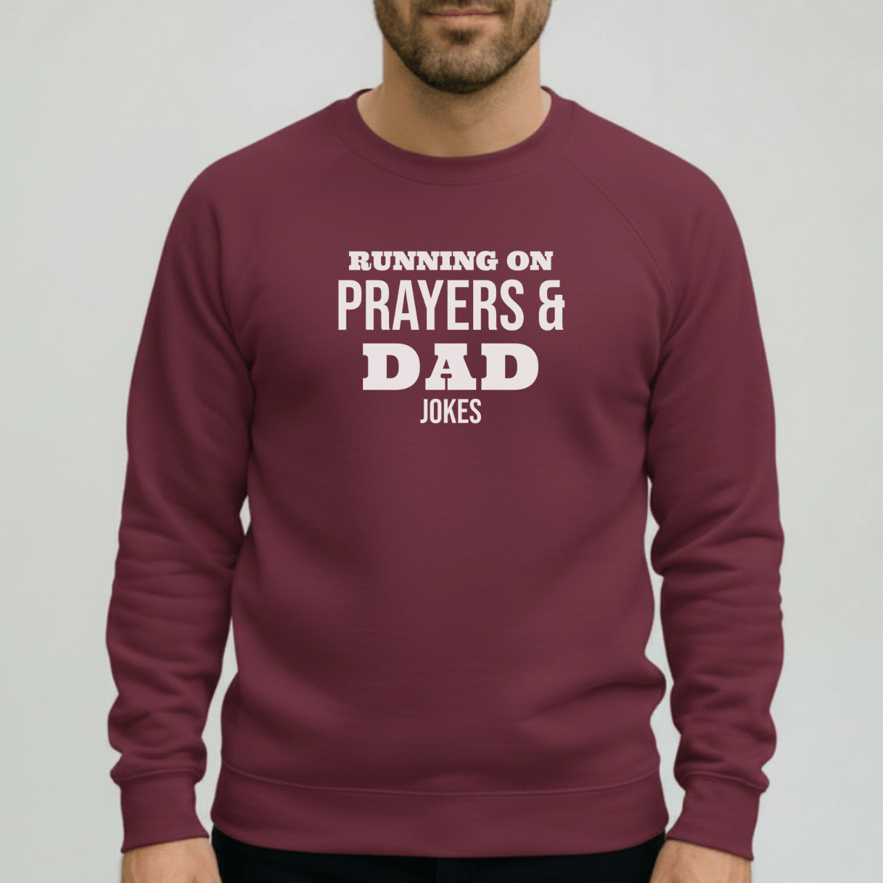 Running on Prayers and Dad Jokes Sweatshirt | Gildan 18000 Christian Dad Crewneck | Funny Fatherhood Sweater | Faith Dad Gift for Him