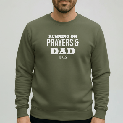 Running on Prayers and Dad Jokes Sweatshirt | Gildan 18000 Christian Dad Crewneck | Funny Fatherhood Sweater | Faith Dad Gift for Him