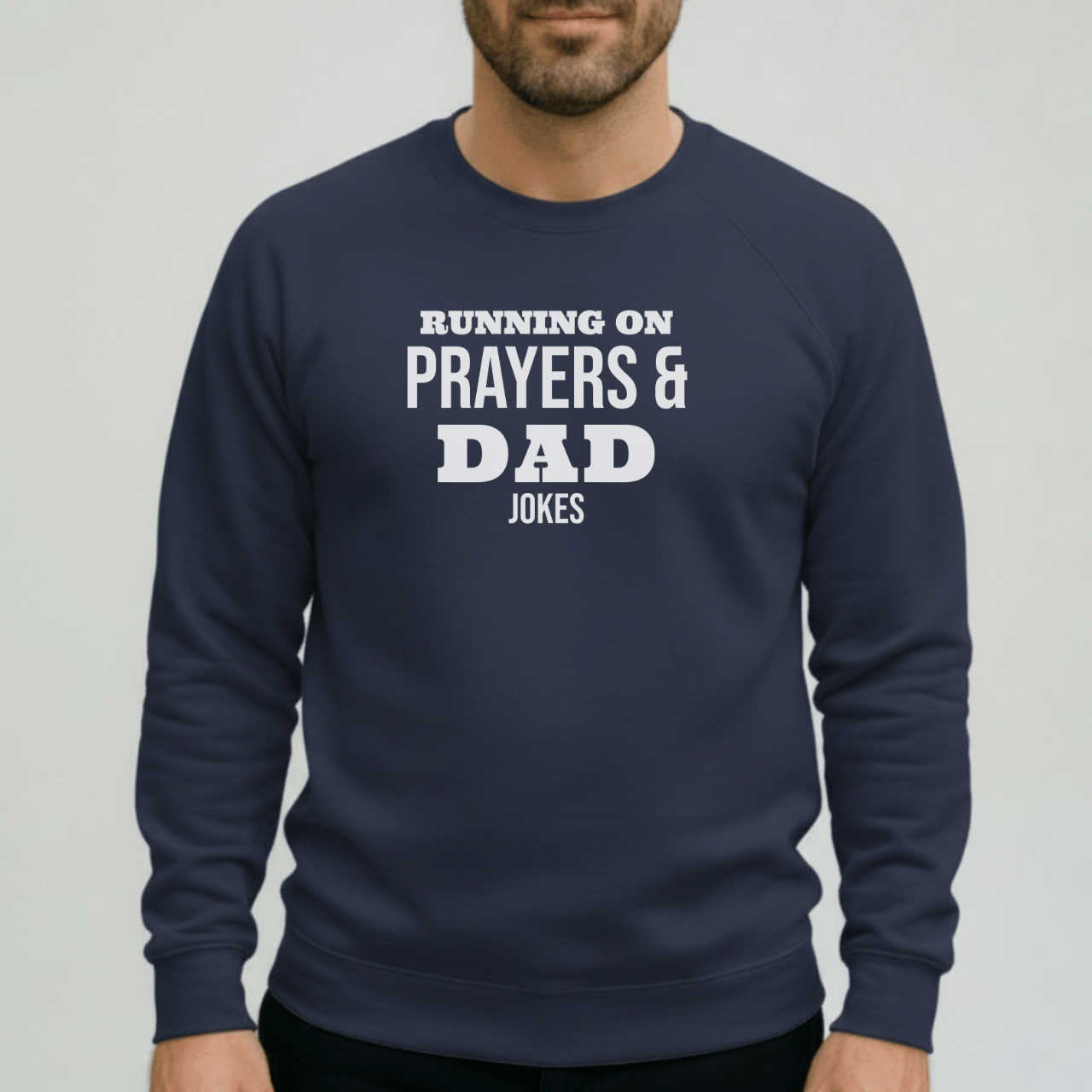 Running on Prayers and Dad Jokes Sweatshirt | Gildan 18000 Christian Dad Crewneck | Funny Fatherhood Sweater | Faith Dad Gift for Him