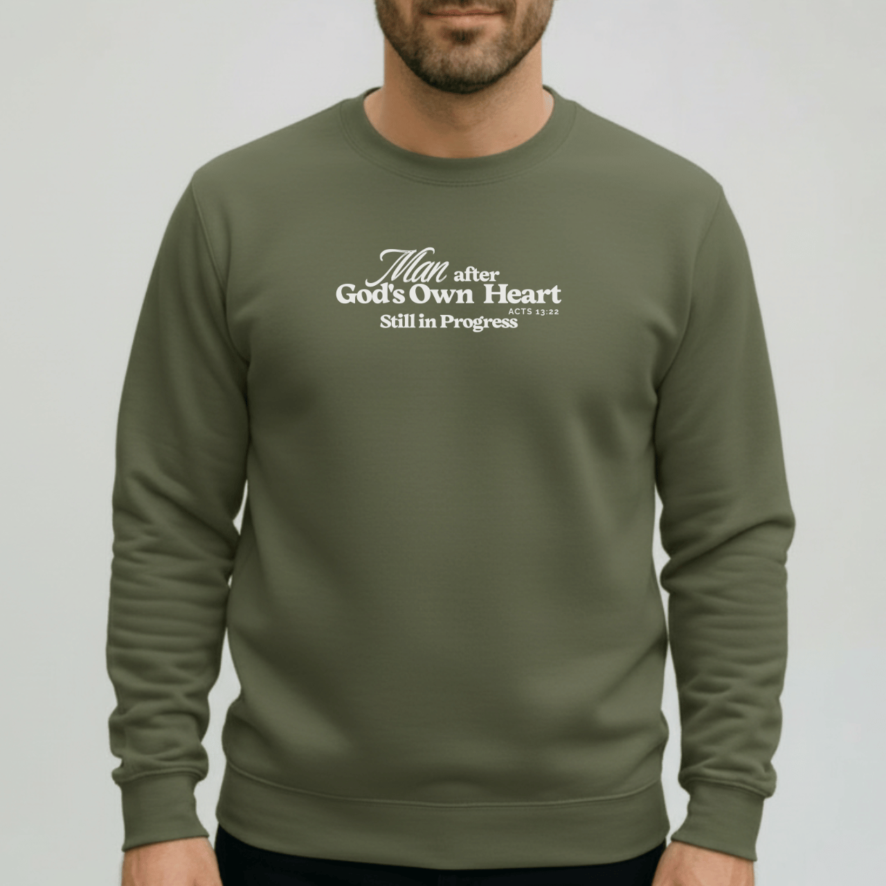 Man After God’s Own Heart Sweatshirt | Acts 13:22 Christian Men’s Crewneck | Gildan 18000 Faith Apparel | Still in Progress Sweater