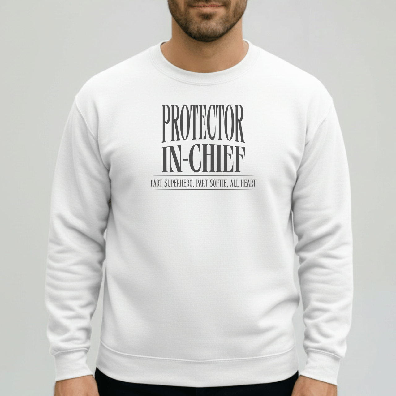 Protector in Chief Sweatshirt | Gildan 18000 Men’s Crewneck | Funny Christian Dad Sweater | Part Superhero Part Softie All Heart