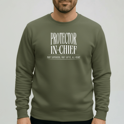 Protector in Chief Sweatshirt | Gildan 18000 Men’s Crewneck | Funny Christian Dad Sweater | Part Superhero Part Softie All Heart