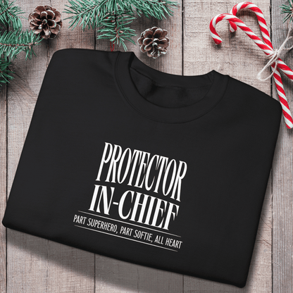Protector in Chief Sweatshirt | Gildan 18000 Men’s Crewneck | Funny Christian Dad Sweater | Part Superhero Part Softie All Heart