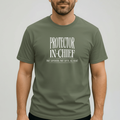 Protector in Chief Shirt | Comfort Colors 1717 Men’s T-Shirt | Funny Christian Dad Tee | Part Superhero Part Softie All Heart Shirt