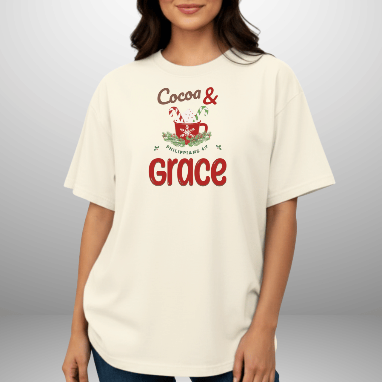 Cocoa & Grace Christmas Shirt | Philippians 4:7 Bible Verse | Comfort Colors Tee | Christian Holiday T-Shirt | Faith Christmas Graphic Tee