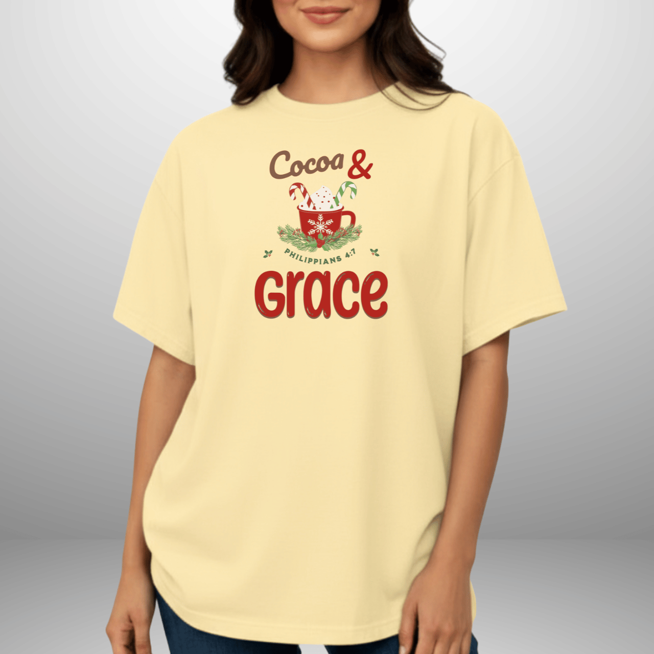 Cocoa & Grace Christmas Shirt | Philippians 4:7 Bible Verse | Comfort Colors Tee | Christian Holiday T-Shirt | Faith Christmas Graphic Tee