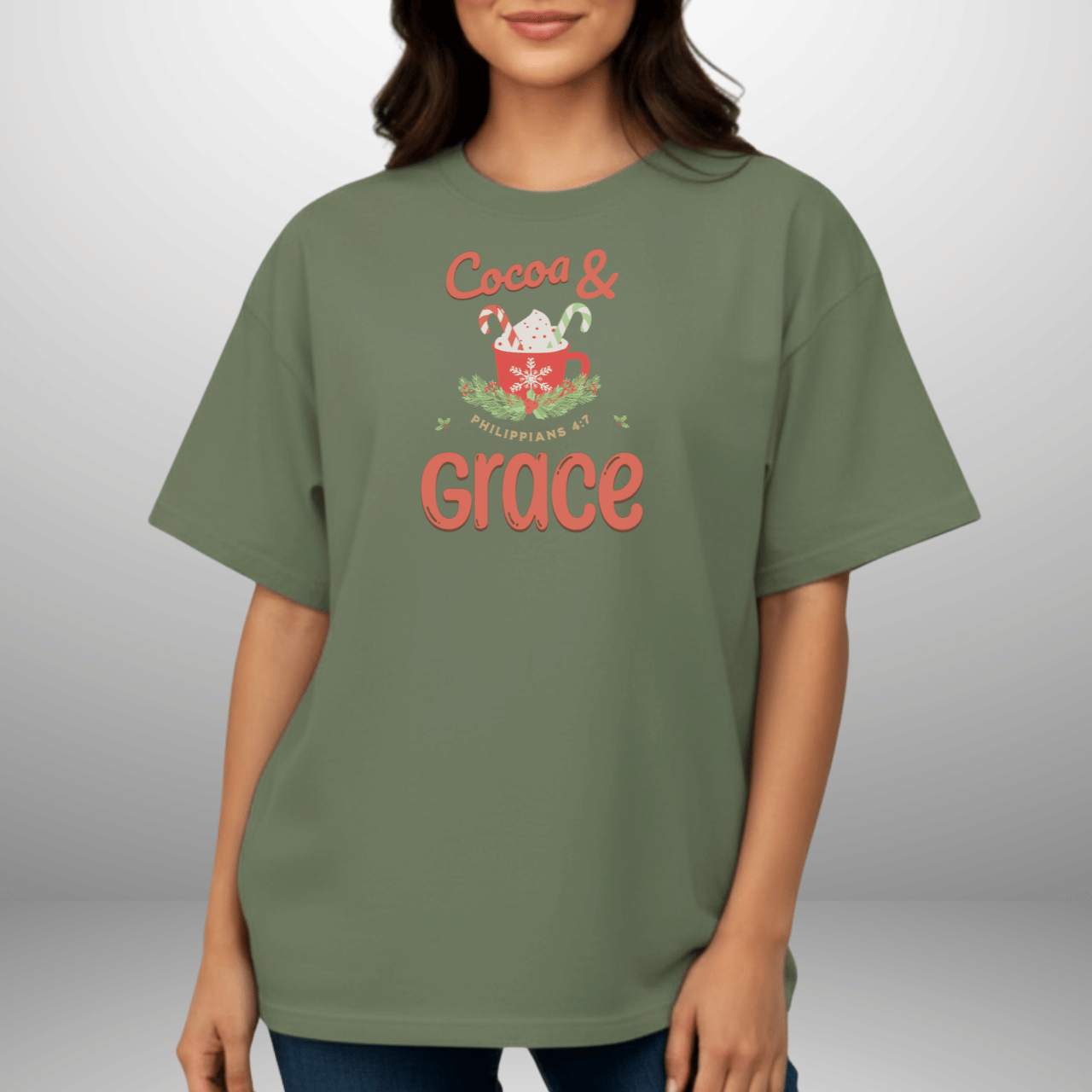 Cocoa & Grace Christmas Shirt | Philippians 4:7 Bible Verse | Comfort Colors Tee | Christian Holiday T-Shirt | Faith Christmas Graphic Tee