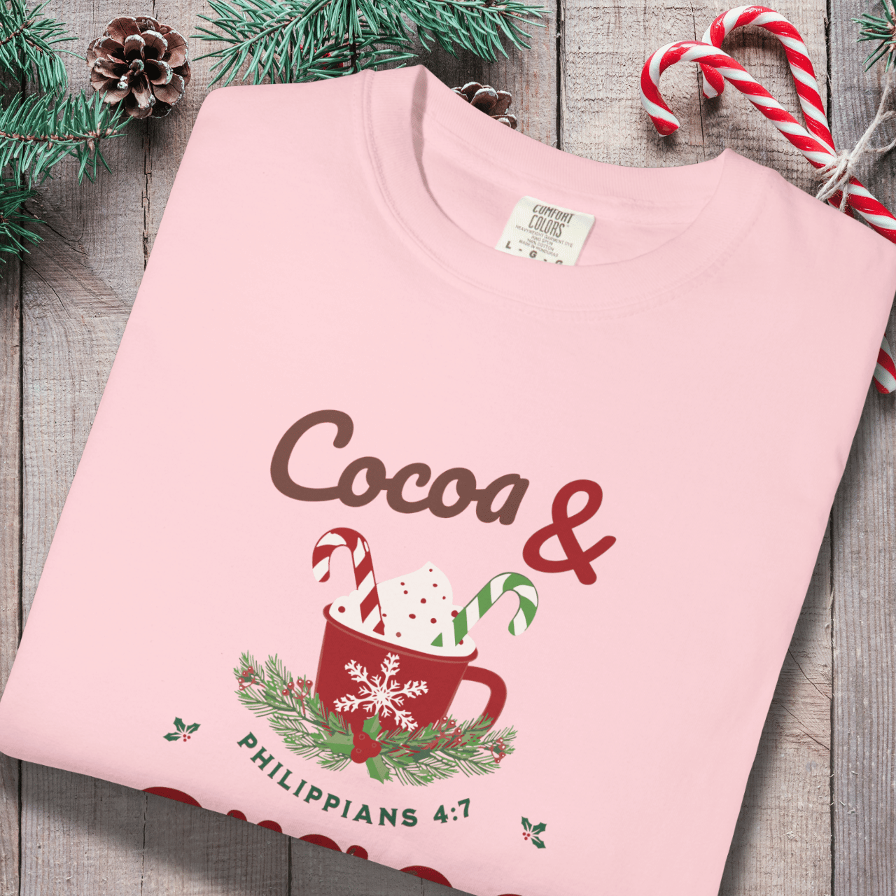Cocoa & Grace Christmas Shirt | Philippians 4:7 Bible Verse | Comfort Colors Tee | Christian Holiday T-Shirt | Faith Christmas Graphic Tee